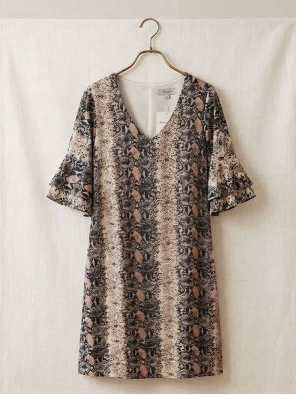 BELONGSCI Snake Print V-Neck Bell Sleeve Shift Dress NWT XL
